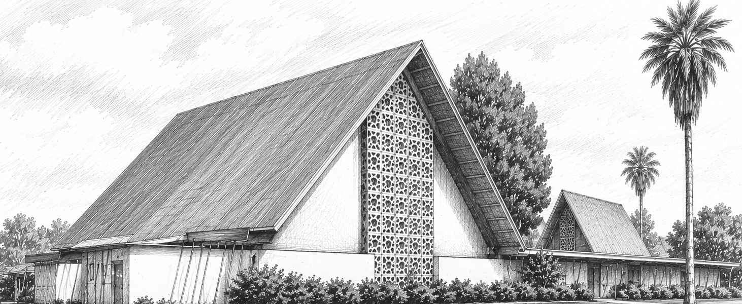 Hand-drawn architectural illustration of the A-frame sanctuary at Alhambra Seventh-day Adventist Church (The Grace Place) in Alhambra, CA